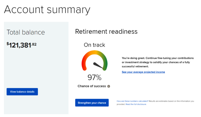 Screenshot of the account summary screen. It shows your total account balance and your chance of success score.